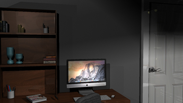 Close-up view of desk in dream room created in Autodesk © Maya