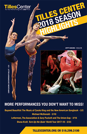 Front of season highlights brochure created for Tilles Center using Adobe © Indesign and Adobe © Photoshop