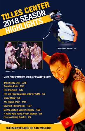Back of season highlights brochure created for Tilles Center using Adobe © Indesign and Adobe © Photoshop