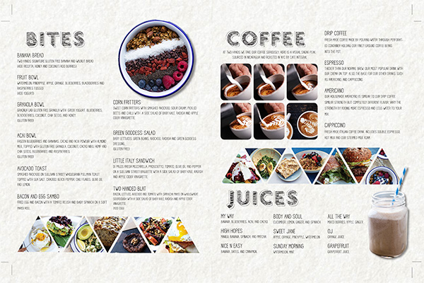 Inside menu design for Two Hands Café created using Adobe © Indesign and Adobe © Illustrator.