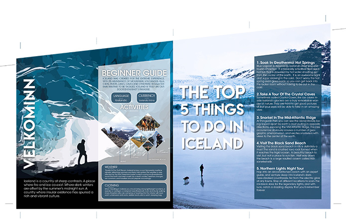Back of informational pamphlet for Iceland created using Adobe © Indesign and Adobe © Illustrator
