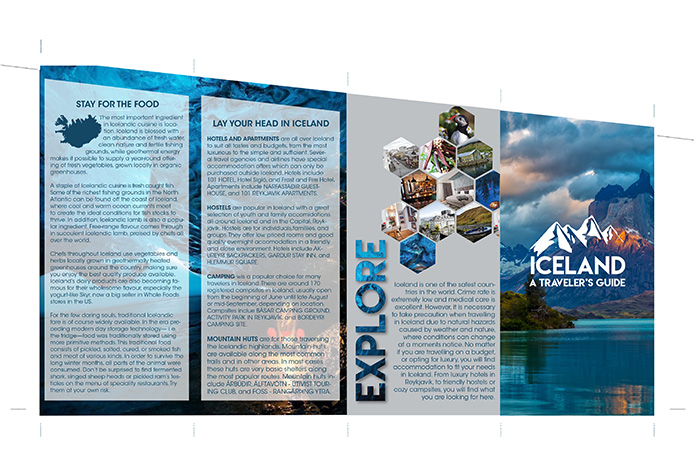 Front of informational pamphlet for Iceland created using Adobe © Indesign and Adobe © Illustrator