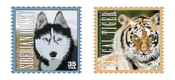 Two conservation stamps featuring personal illustration created using Adobe © Illustrator