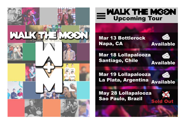 Two screens from ipad app created for the band, Walk The Moon using Adobe © XD and Adobe © Illustrator