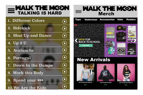 Two screens from ipad app created for the band, Walk The Moon using Adobe © XD and Adobe © Illustrator